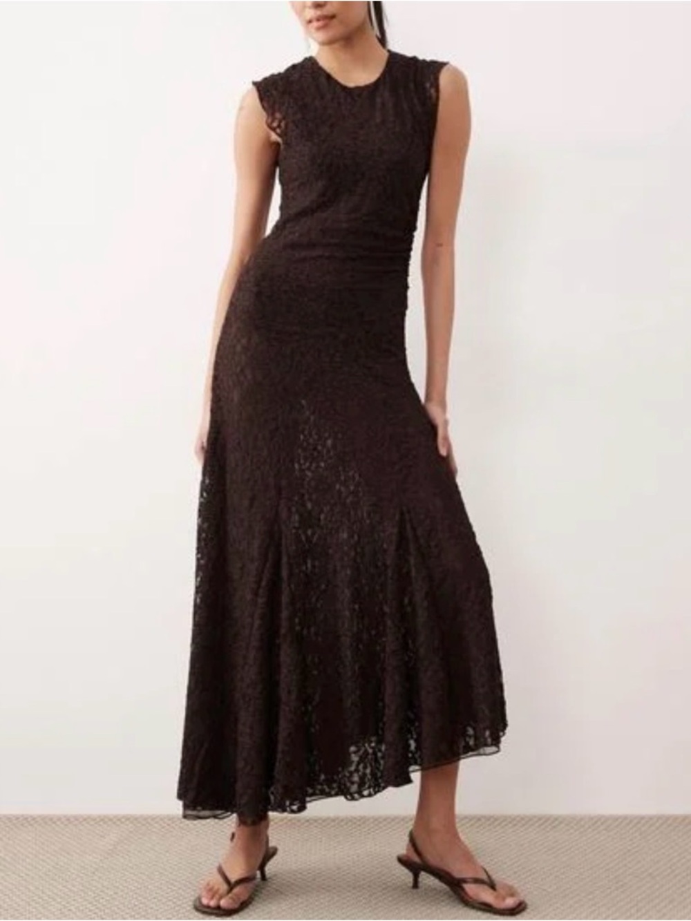Mango Women's Brown Lace Sleeveless Asymmetric Hem Maxi Dress
Size L